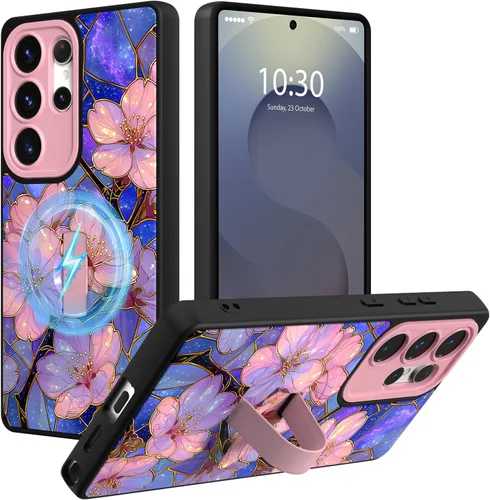 Funda magnética compatible con Samsung Galaxy S25 Ultra para mujeres y hombres, estética flor de durazno, correa de muñeca ajustable incorporada,