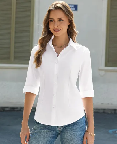 Miniatura 3 de siliteelon Button Down Shirts for Women: Slim Fit Stain Shield 3/4 Sleeve Dress Shirt Formal Work Button Up Blouses
