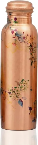 Craft Trade Botella de agua de cobre puro de 32 onzas / 32.1 fl oz con hermoso diseño botánico floral | Frasco curativo ayurvédico a prueba de fugas