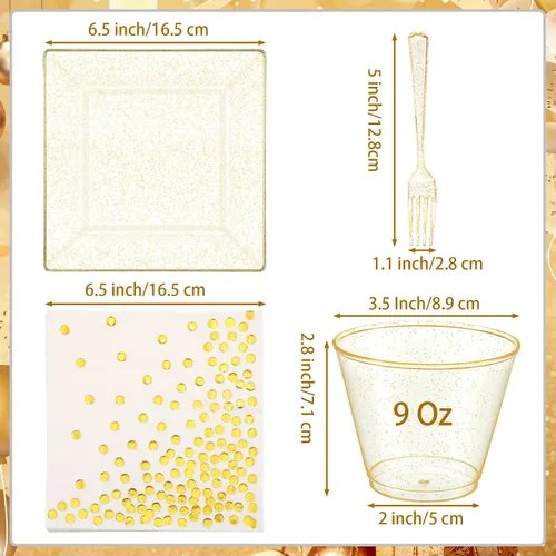 Miniatura 2 de Nosiny Juego de vajilla de 400 piezas con purpurina para 100 invitados, juego de platos cuadrados de plástico transparente con purpurina con tazas