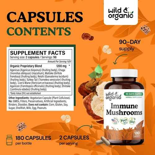 Miniatura 3 de Wild & Organic Cápsulas de mezcla de hongos inmunes – 8 suplementos de complejo de hongos para apoyo inmunológico con cola de pavo, polvo de chaga