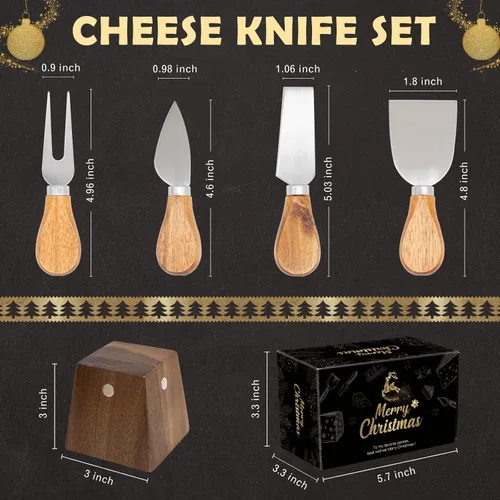 Miniatura 4 de Juego de cuchillos de queso para embutidos – 4 cuchillos de queso pequeños de acero inoxidable y tenedor con soporte magnético de madera de acacia