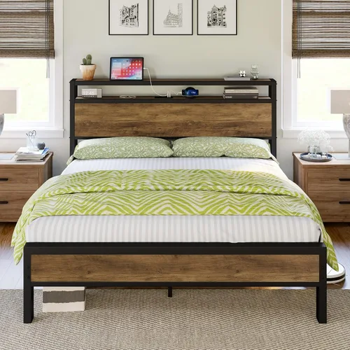 Miniatura 7 de LUXOAK Marco de cama tamaño Queen, marco de cama de plataforma con cabecera de almacenamiento de 2 niveles y estación de carga, no necesita somier