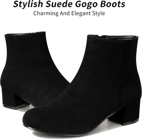 Miniatura 2 de CAMSSOO Botas de tobillo Gogo cortas de gamuza para mujer, botas de tacón bajo y medio, botas con cremallera lateral