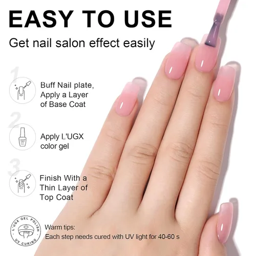 Miniatura 5 de L'UGX Esmalte de uñas de gel rosa translúcido, 0.5 onzas líquidas, esmalte de gel neutro nude, rosa, transparente, natural, UV, punta francesa