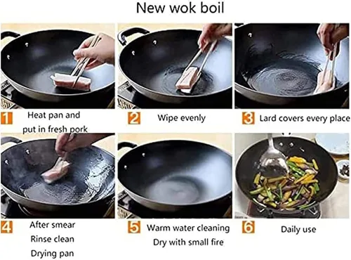 Miniatura 2 de PROPFE Auténtico wok chino - Sartén para freír de hierro fundido pre-sazonado con dos asas integrales 2023, 14.2 in/14.1 pulgadas
