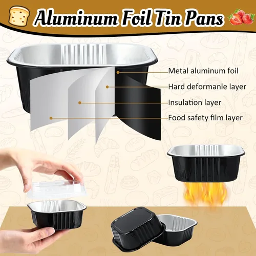 Miniatura 6 de Aoriher 300 piezas de moldes mini para pasteles de 10 onzas con tapas, moldes de papel de aluminio para hornear, moldes cuadrados desechables