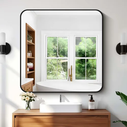 Miniatura 19 de Espejo de baño de 18 x 24 pulgadas con marco de metal negro rectangular, espejo de tocador rectangular de esquinas redondeadas, espejo de pared