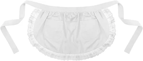 Miniatura 6 de TopTie Delantal de cintura de algodón con bolsillos para mujer, medio delantal de encaje de cocina para cocinar, disfraz de sirvienta para limpieza