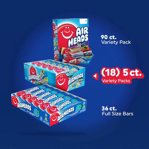 Miniatura 8 de Dulces Airheads, sabores surtidos, 5 barras de tamaño completo envueltas individualmente por paquete, caja de 18 paquetes.