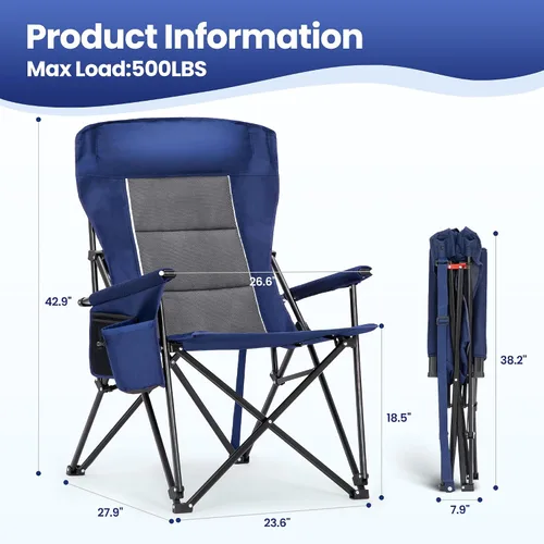 Miniatura 2 de HIGH POINT SPORTS Sillas de campamento de gran tamaño para adultos, respaldo alto, silla de césped resistente, soporta 500 libras, silla plegable