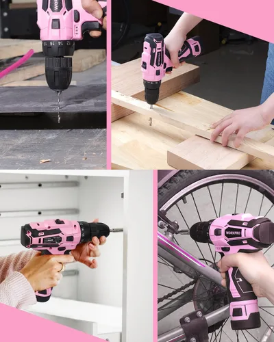 Miniatura 9 de WORKPRO Juego de Taladro Atornillador Inalámbrico Rosa, Kit de Herramientas de Atornillador Eléctrico de 12V, Portabrocas sin Llave de 3/8