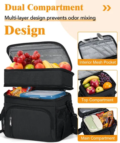 Miniatura 3 de Lonchera para Hombres, Bolsa de Almuerzo con Doble Aislamiento Reutilizable a Prueba de Fugas Bolsa Refrigeradora Portátil Bolsa de Comida para Negro