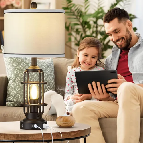 Miniatura 3 de Modern Table Lamps Set of 2, Industrial 3-Way Dimmable Bedside Lamp with USB A+C Ports & AC Outlet, 25" Touch Control Nightstand Lamp LED Night