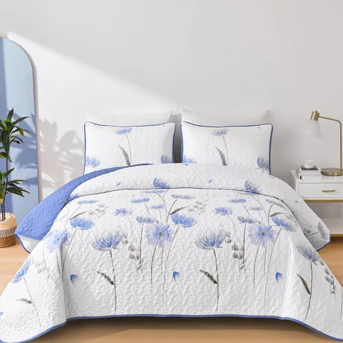 Miniatura 11 de Dinjoy Juego de colcha floral tamaño Queen, colcha azul agua tamaño Queen de 3 piezas, juego de ropa de cama ligera de estilo granja, colcha