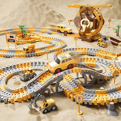 Miniatura 3 de iHaHa 299 piezas de pistas de carreras de construcción para niños, 6 piezas de autos de ingeniería y pista de carreras flexible crea un camino