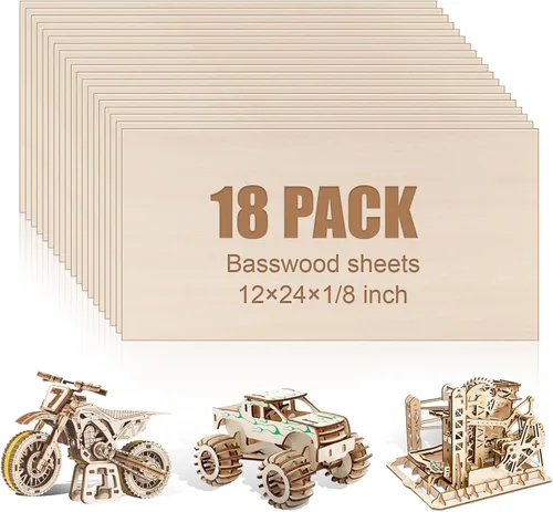 Paquete de 18 hojas de tilo de 12 x 24 x 1/8 pulgadas, madera de tilo de gran tamaño para corte y grabado láser, tablero de madera contrachapada,