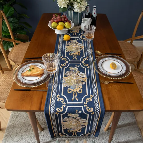 Miniatura 2 de Camino de mesa de lujo bordado, largo camino de mesa de comedor, elegante bufanda de jacquard con borlas múltiples para decoración de mesa
