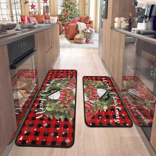 2 Piezas Alfombras y Tapetes de Cocina de Navidad para Piso con Base Antideslizante Tapete Feliz Navidad Decoración de Cocina Anti Fatiga Juegos de
