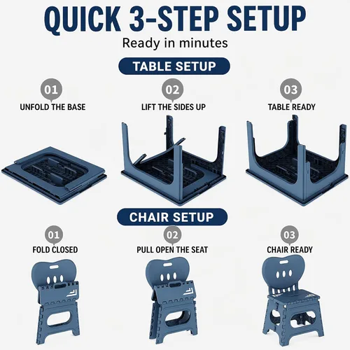Miniatura 7 de UNICOO® Juego de mesa plegable y ajustable en altura para niños con 2 sillas plegables, compacto, plegable y portátil, para actividades de niños Azul