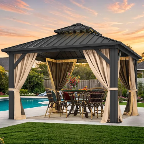 Miniatura 7 de DWVO Gazebo de techo rígido de 10 x 10 pies, techo doble con redes y cortinas, techo de rayas verticales de acero galvanizado resistente para patio