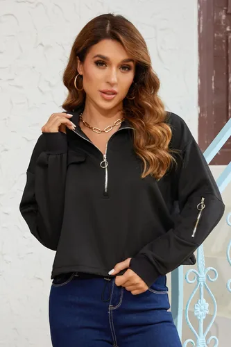 Miniatura 3 de SILKWORLD Sudadera corta con cremallera de un cuarto para mujer, manga larga, cuello alto, cordón ajustable, con bolsillos