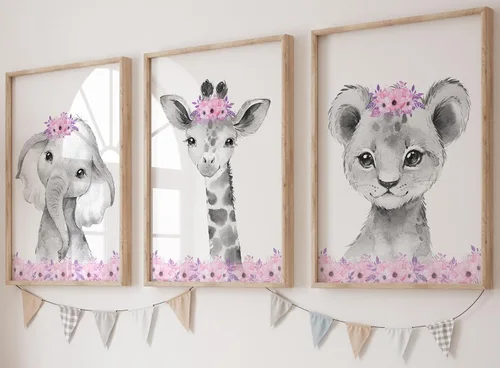 Miniatura 12 de Safari Animals - Juego de 3 impresiones artísticas de pared sin marco, carteles de animales grises con pajarita azul, elefante jirafa león, póster