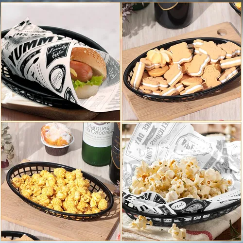 Miniatura 3 de Potchen 100 cestas de comida rápida de 8.9 x 5.5 pulgadas, cestas de plástico para alimentos, bandeja de chips negros, bandeja ovalada reutilizable