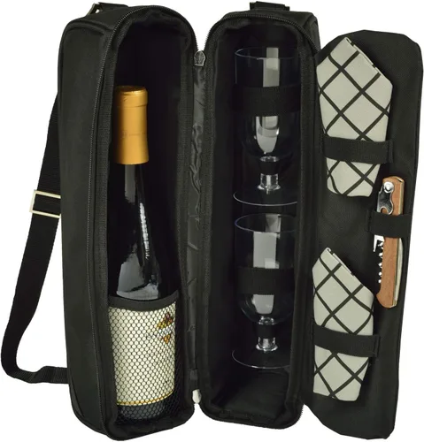 Miniatura 9 de Picnic at Ascot Bolsa de vino aislada con 2 copas de vino, servilletas y sacacorchos, diseñada y montada en los Estados Unidos Azul enrejado