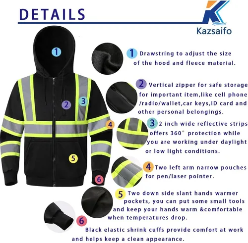 Miniatura 3 de Sudadera con Capucha de Alta Visibilidad para Hombres y Mujeres Clase 3 Chaqueta de Sudaderas de Seguridad de Alta Visibilidad Sudadera con Capucha