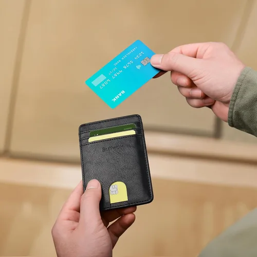 Miniatura 108 de Buffway Billetera delgada para hombre, minimalista con bolsillo frontal delgado, tarjetero de cuero con bloqueo RFID para viajes de trabajo