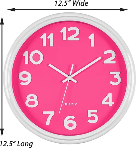 Miniatura 5 de Bernhard Products Reloj de pared rosa de 12.5 pulgadas, silencioso, sin tictac, moderno, elegante, reloj de cuarzo para el hogar, cocina, oficina