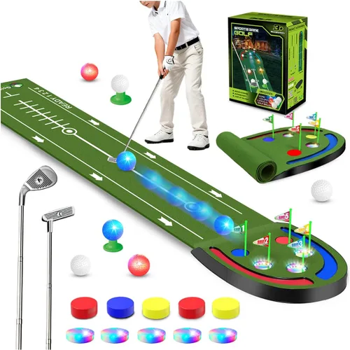 VATOS Alfombrilla de golf para interiores para niños, juego de golf con bolas LED, agujeros brillantes, hierros y putters, verde de putting portátil