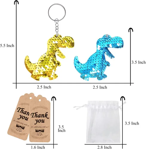 Miniatura 5 de CiciBear Paquete de 60 juegos de fiesta de dinosaurio de doble cubierta con lentejuelas con 20 llaveros, 20 etiquetas de agradecimiento y 20 bolsas