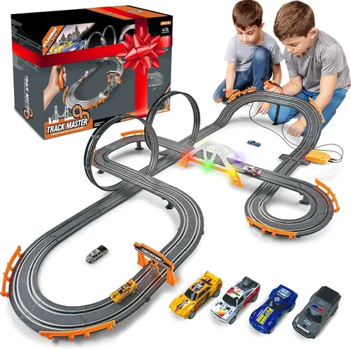 Miniatura 9 de Slot Car Race Track Sets - Juego de pistas de carreras eléctricas, 4 pistas de autos de alta velocidad para niños, auto de control remoto, juguetes
