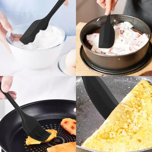 Miniatura 3 de Juego de 6 espátulas de silicona, espátula de cuchara de goma, resistente al calor, diseño de una pieza, espátula sin costuras, raspadores Negro