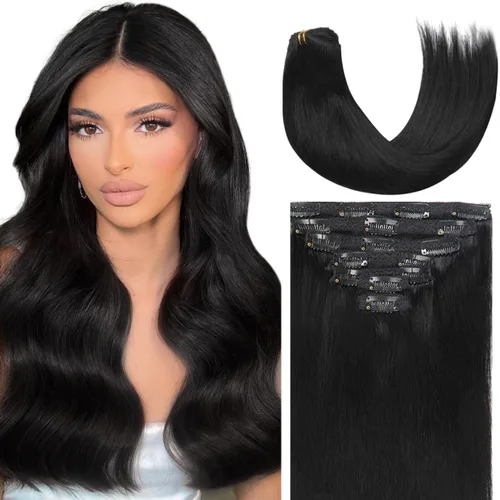 Caliee Extensiones de cabello con pinzas de cabello humano 14 pulgadas Color 1 Negro azabache trama doble invisibles Extensiones de cabello humano