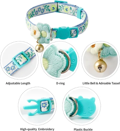 Miniatura 4 de Paquete de 2 collares de gato con bonito patrón colorido para gato, niño y niña, longitud ajustable con borla de campana, patrón tribal bohemio