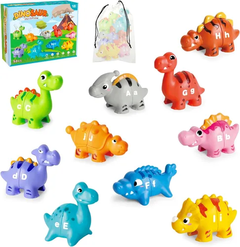 52 piezas de juguetes de aprendizaje del alfabeto de dinosaurio para niños pequeños de 2 a 4 años, 10 figuras de dinosaurios diferentes, juego ABC