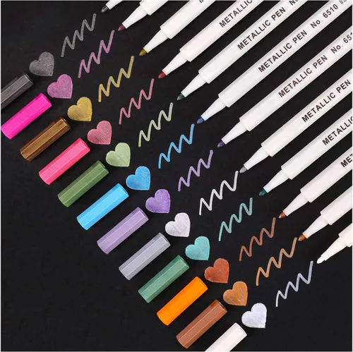 Dyvicl Rotuladores Metálicos, 12 Colores Rotuladores Metálicos de Punta Fina Dura para Papel Negro, Colorear para Adultos, Hacer Tarjetas, Pintar