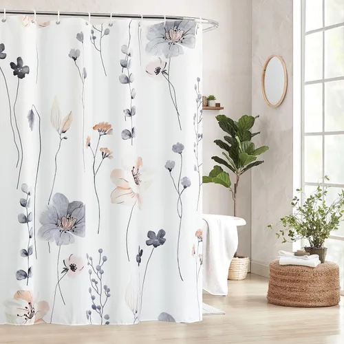Miniatura 6 de Juego de cortinas de ducha – Cortina de baño floral con flores azules y beige, cortina de ducha para baño, juego de cortina de ducha de tela