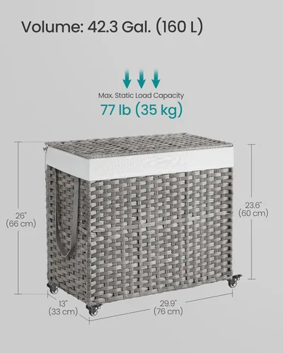 Miniatura 5 de SONGMICS Cesta de lavandería con tapa, 42.3 galones (160 L), cesta de lavandería con ruedas, ratán sintético de 3 secciones, forro extraíble, Gris