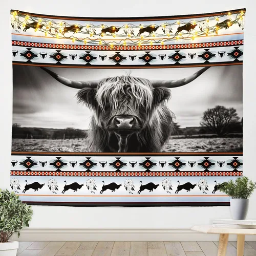 Tapiz de vaca de las tierras altas, tapices aztecas nativos del suroeste, animales de granja, arte exótico nórdico, atrapasueños, arte de pared