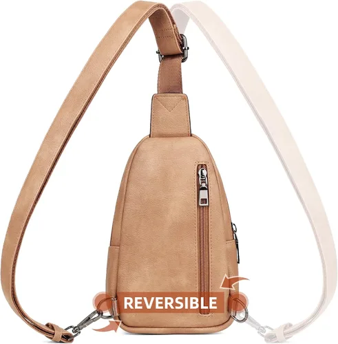 Miniatura 5 de MASINTOR Bolso bandolera pequeño para mujeres y hombres, cangurera cruzada de cuero vegano con múltiples compartimentos para uso diario, Camel