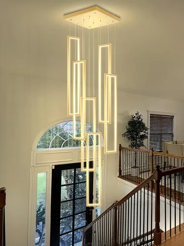 Miniatura 21 de Flashing God Candelabro moderno, candelabros cromados con 6 anillos LED, lámpara de techo alto más grande para sala de estar, lámpara rectangular