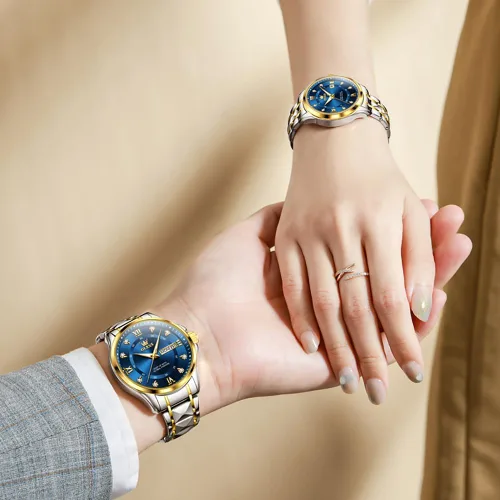 Miniatura 26 de OLEVS Reloj para parejas para él y ella, reloj analógico de cuarzo para hombres y mujeres, de acero inoxidable, impermeable, luminoso, fecha, reloj