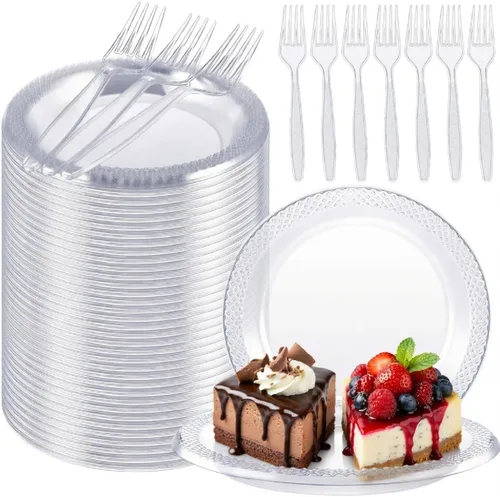 Miniatura 9 de Hushee 600 platos de postre de plástico negro de 6 pulgadas con tenedores de 7 pulgadas para aperitivo de pastel, 300 platos pequeños desechables