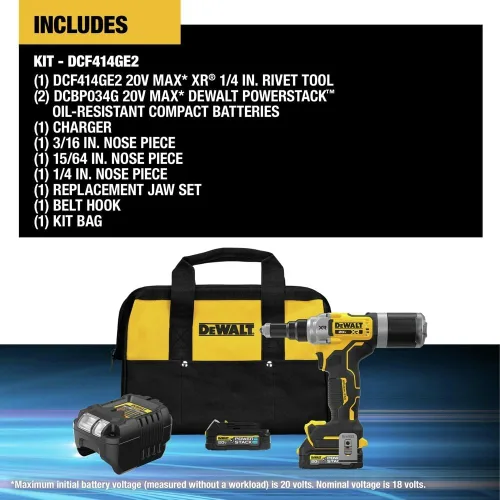 Miniatura 2 de DEWALT Herramienta de remache inalámbrica MAX XR de 20 V, 1/4 de pulgada, batería y cargador incluidos (DCF414GE2)