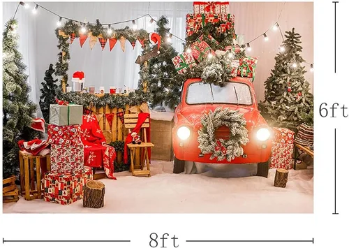 Miniatura 3 de MEHOFOND Árbol de Navidad de invierno de 8 x 6 pies, regalo de automóvil rojo, guirnalda de pino verde claro, guirnalda de pino verde claro