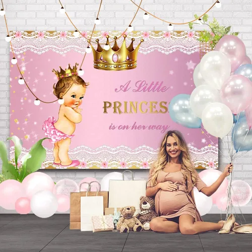 Miniatura 4 de Telón de fondo de princesa para baby shower para niña, 8 x 6 pies, corona dorada, encaje rosa, fondo de fotografía con texto en inglés "A Little